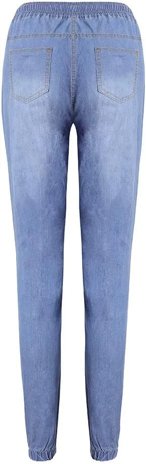 Plus Size Jeans for Women Casual Elastic Waist Drawstring Jogger Sweatpant Straight Leg Skinny Denim Pants Jegging