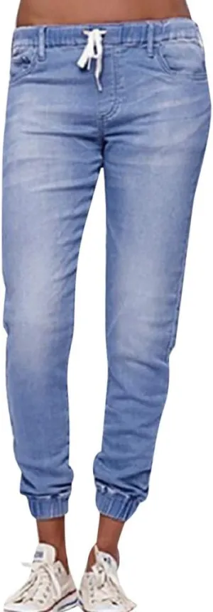 Plus Size Jeans for Women Casual Elastic Waist Drawstring Jogger Sweatpant Straight Leg Skinny Denim Pants Jegging