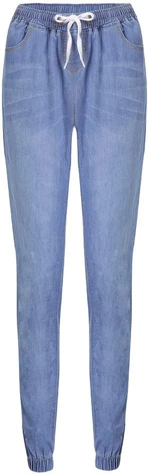 Plus Size Jeans for Women Casual Elastic Waist Drawstring Jogger Sweatpant Straight Leg Skinny Denim Pants Jegging