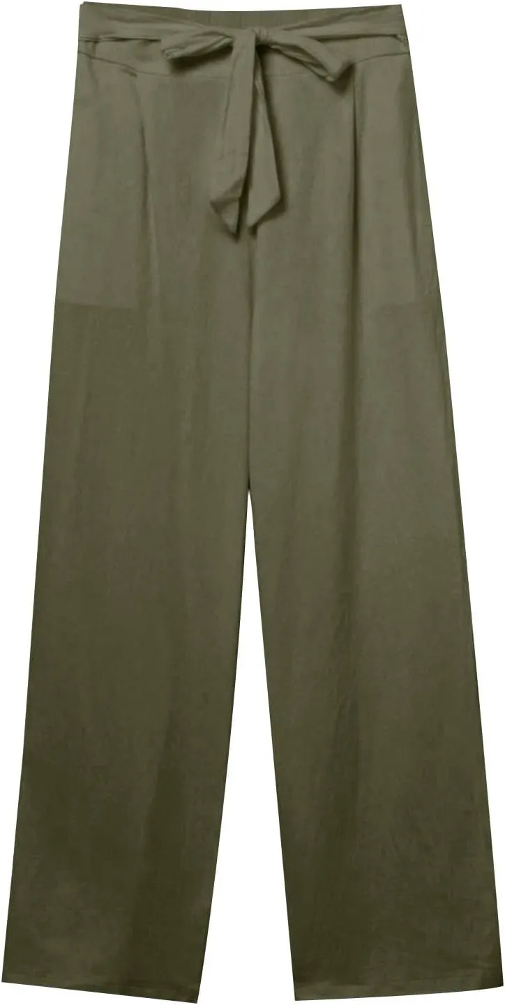 Plus Size Linen Pants for Women Straight Leg Drawstring Elastic Waist Pants Summer Beach Trousers with Side Pockets