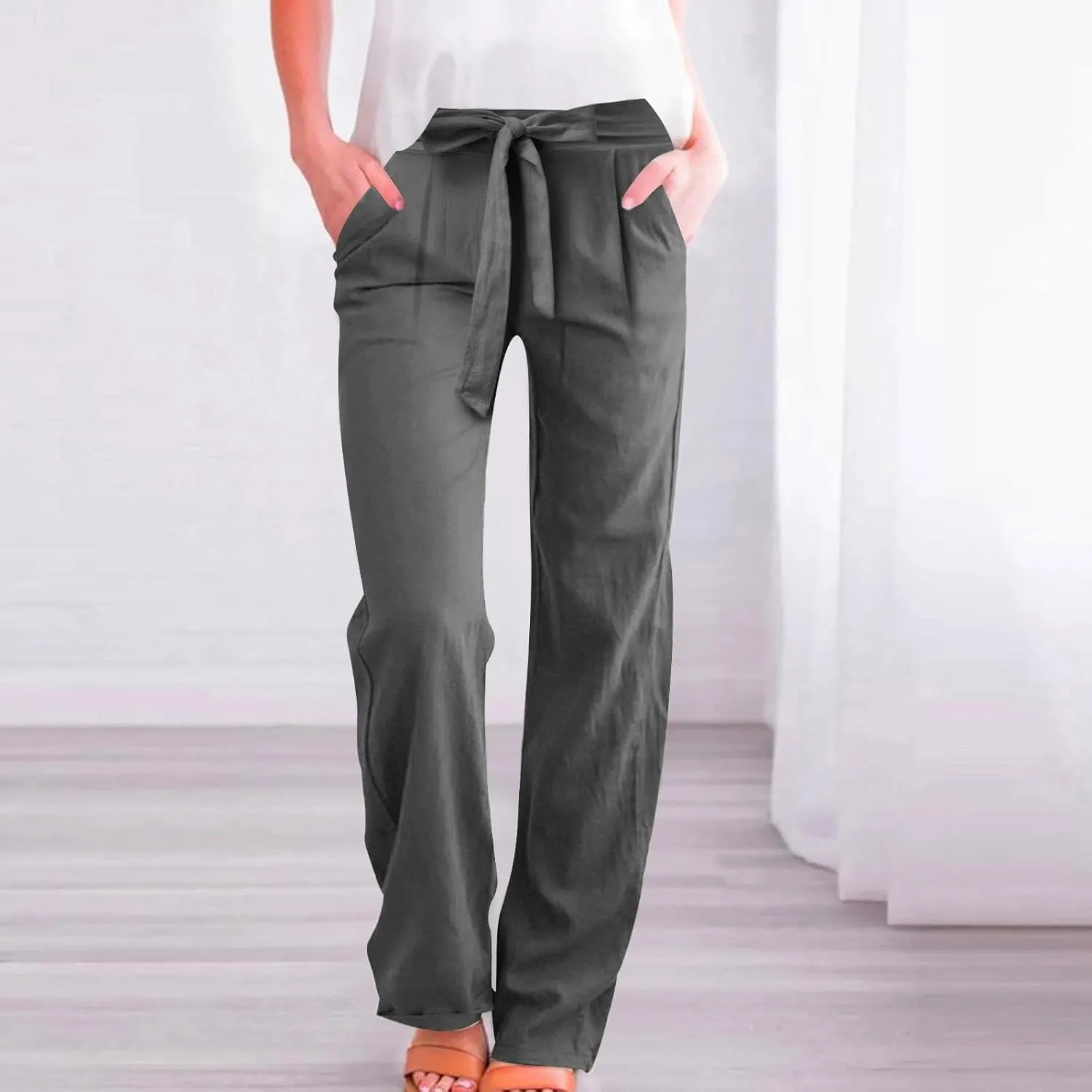 Plus Size Linen Pants for Women Straight Leg Drawstring Elastic Waist Pants Summer Beach Trousers with Side Pockets