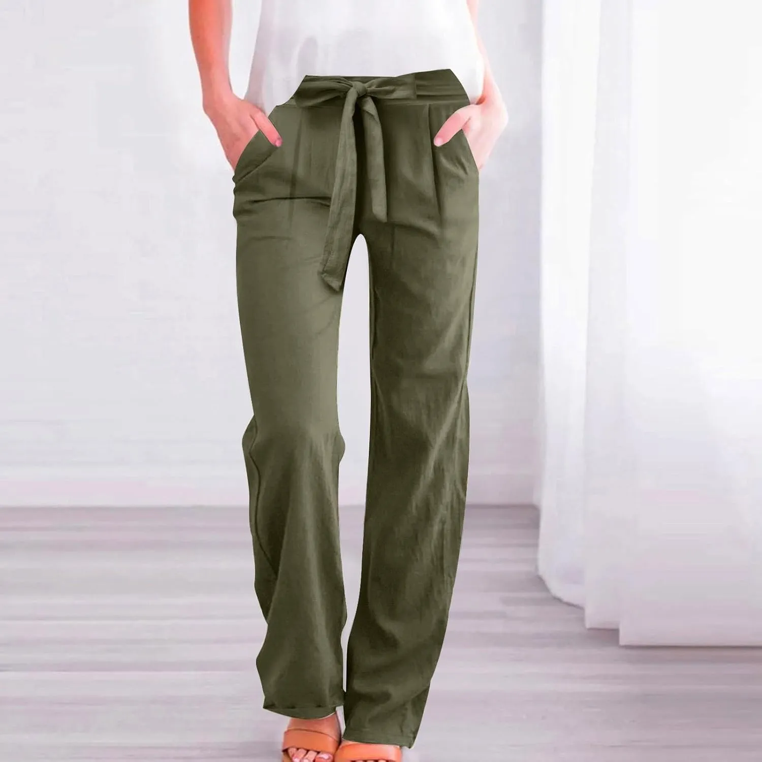 Plus Size Linen Pants for Women Straight Leg Drawstring Elastic Waist Pants Summer Beach Trousers with Side Pockets