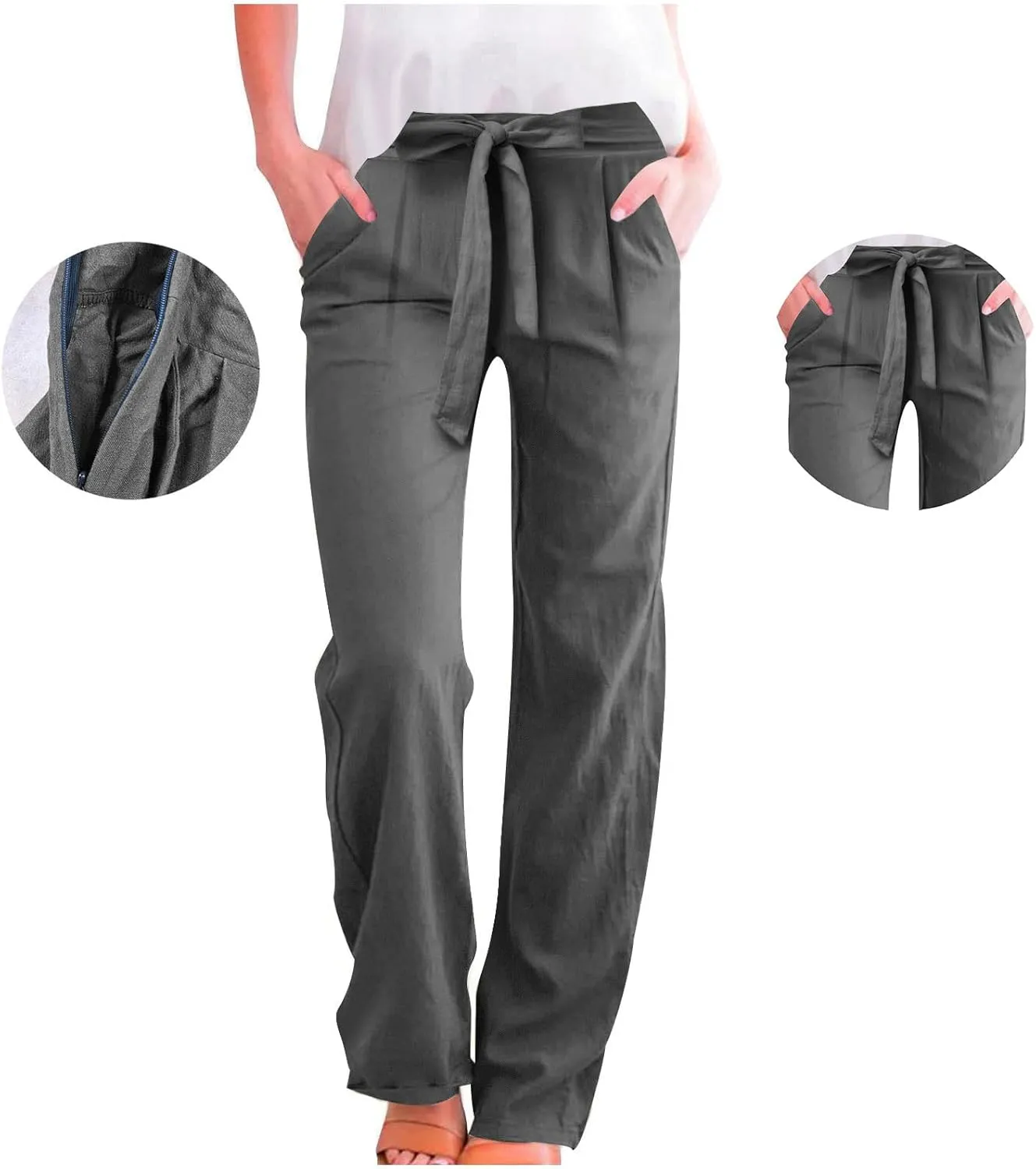 Plus Size Linen Pants for Women Straight Leg Drawstring Elastic Waist Pants Summer Beach Trousers with Side Pockets