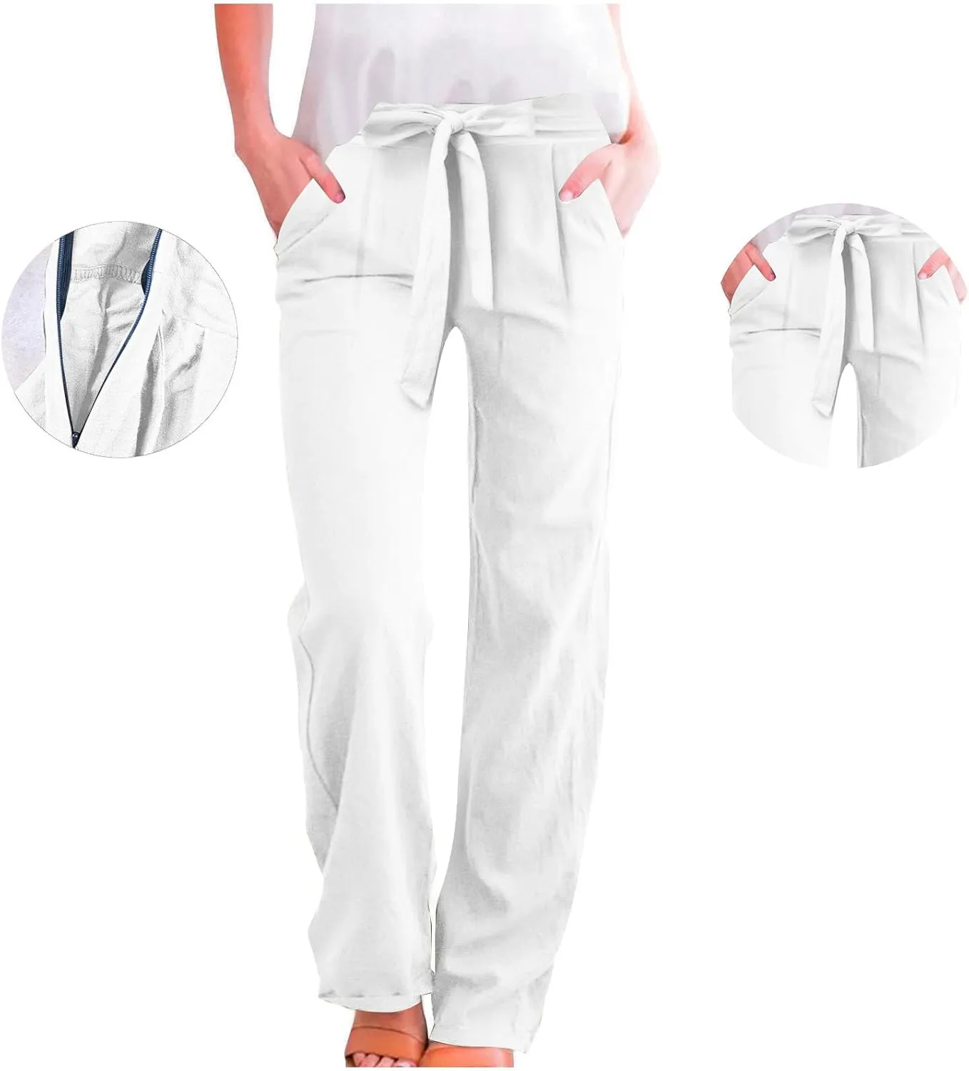 Plus Size Linen Pants for Women Straight Leg Drawstring Elastic Waist Pants Summer Beach Trousers with Side Pockets
