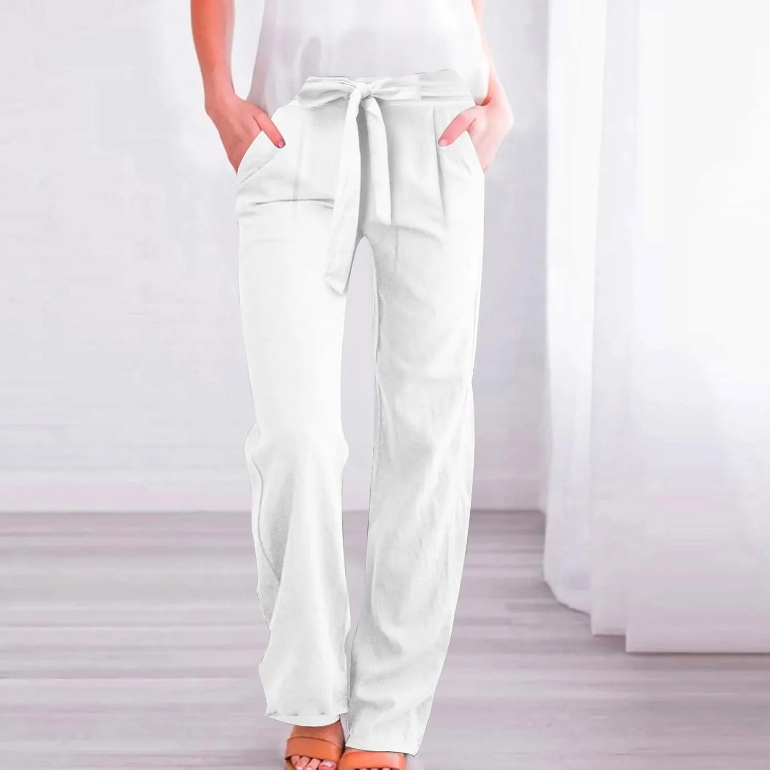 Plus Size Linen Pants for Women Straight Leg Drawstring Elastic Waist Pants Summer Beach Trousers with Side Pockets
