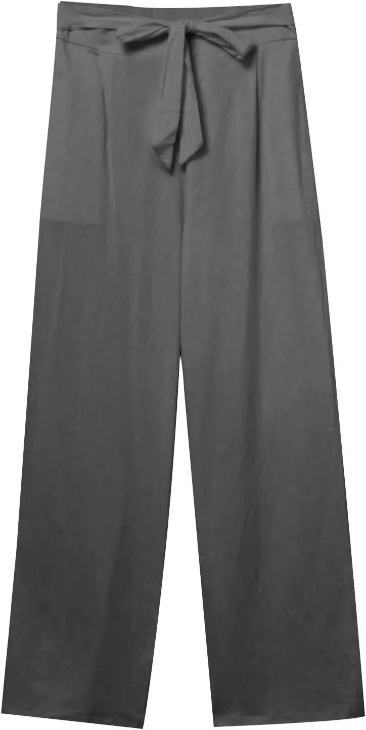 Plus Size Linen Pants for Women Straight Leg Drawstring Elastic Waist Pants Summer Beach Trousers with Side Pockets