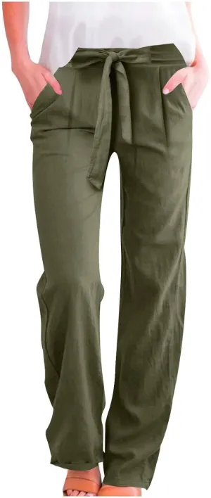 Plus Size Linen Pants for Women Straight Leg Drawstring Elastic Waist Pants Summer Beach Trousers with Side Pockets
