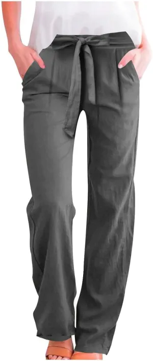 Plus Size Linen Pants for Women Straight Leg Drawstring Elastic Waist Pants Summer Beach Trousers with Side Pockets