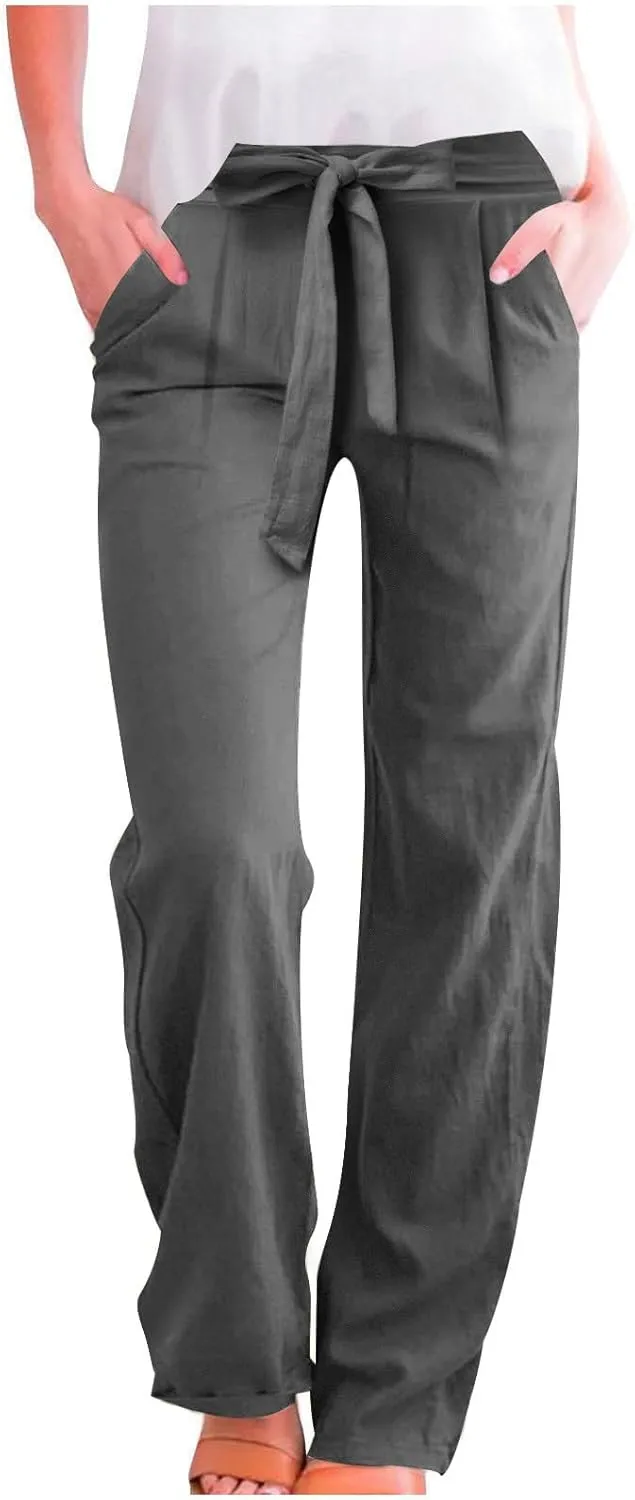 Plus Size Linen Pants for Women Straight Leg Drawstring Elastic Waist Pants Summer Beach Trousers with Side Pockets