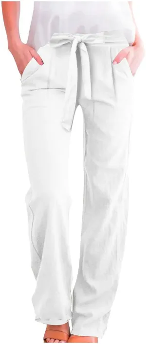 Plus Size Linen Pants for Women Straight Leg Drawstring Elastic Waist Pants Summer Beach Trousers with Side Pockets