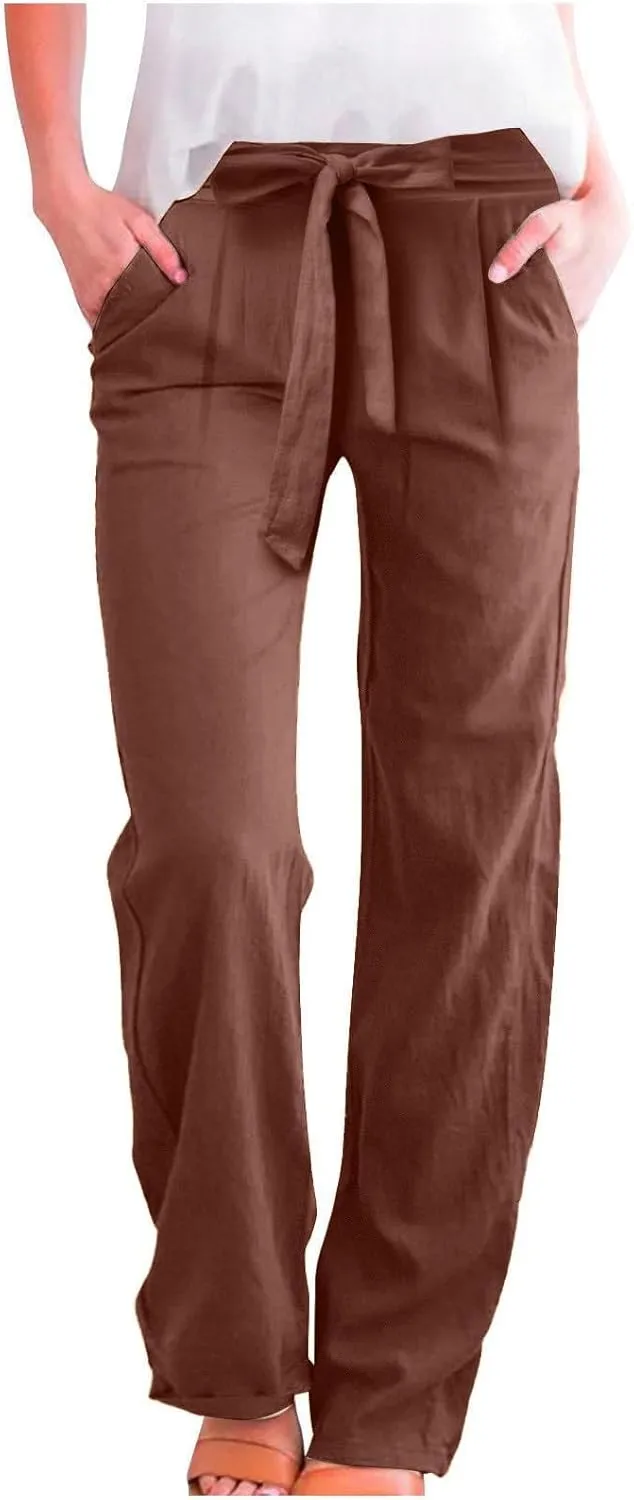 Plus Size Linen Pants for Women Straight Leg Lightweight Summer Pants Casual Loose High Waisted Lounge Pants w/Pockets