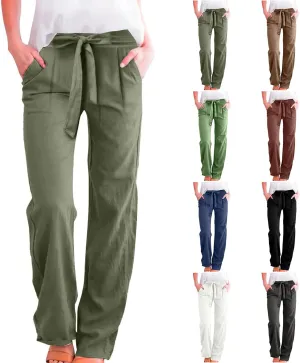 Plus Size Linen Pants for Women Straight Leg Lightweight Summer Pants Casual Loose High Waisted Lounge Pants w/Pockets