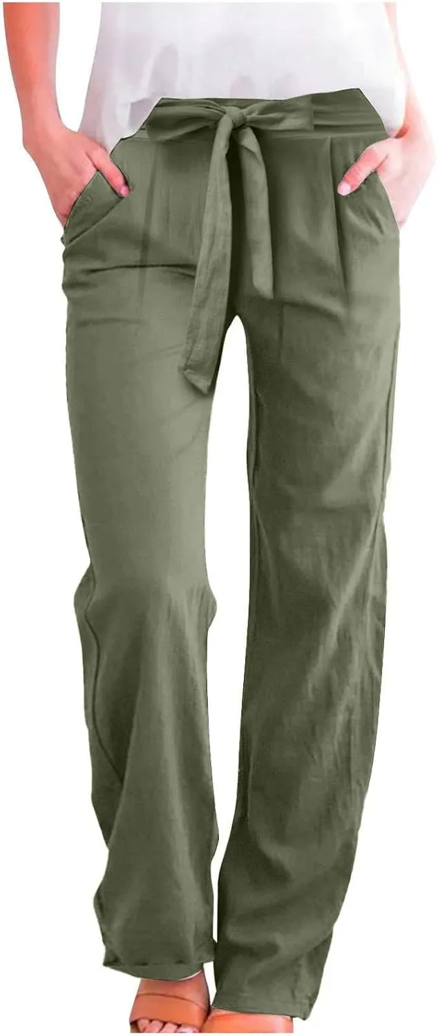 Plus Size Linen Pants for Women Straight Leg Lightweight Summer Pants Casual Loose High Waisted Lounge Pants w/Pockets