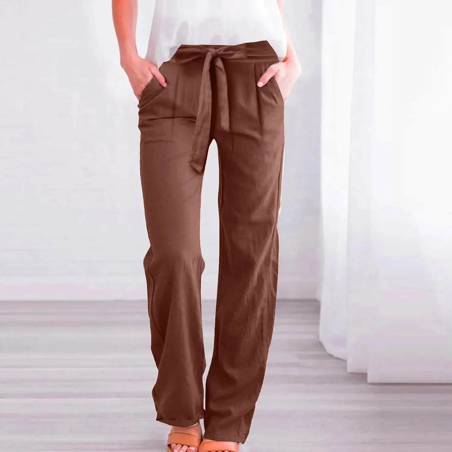 Plus Size Linen Pants for Women Straight Leg Lightweight Summer Pants Casual Loose High Waisted Lounge Pants w/Pockets