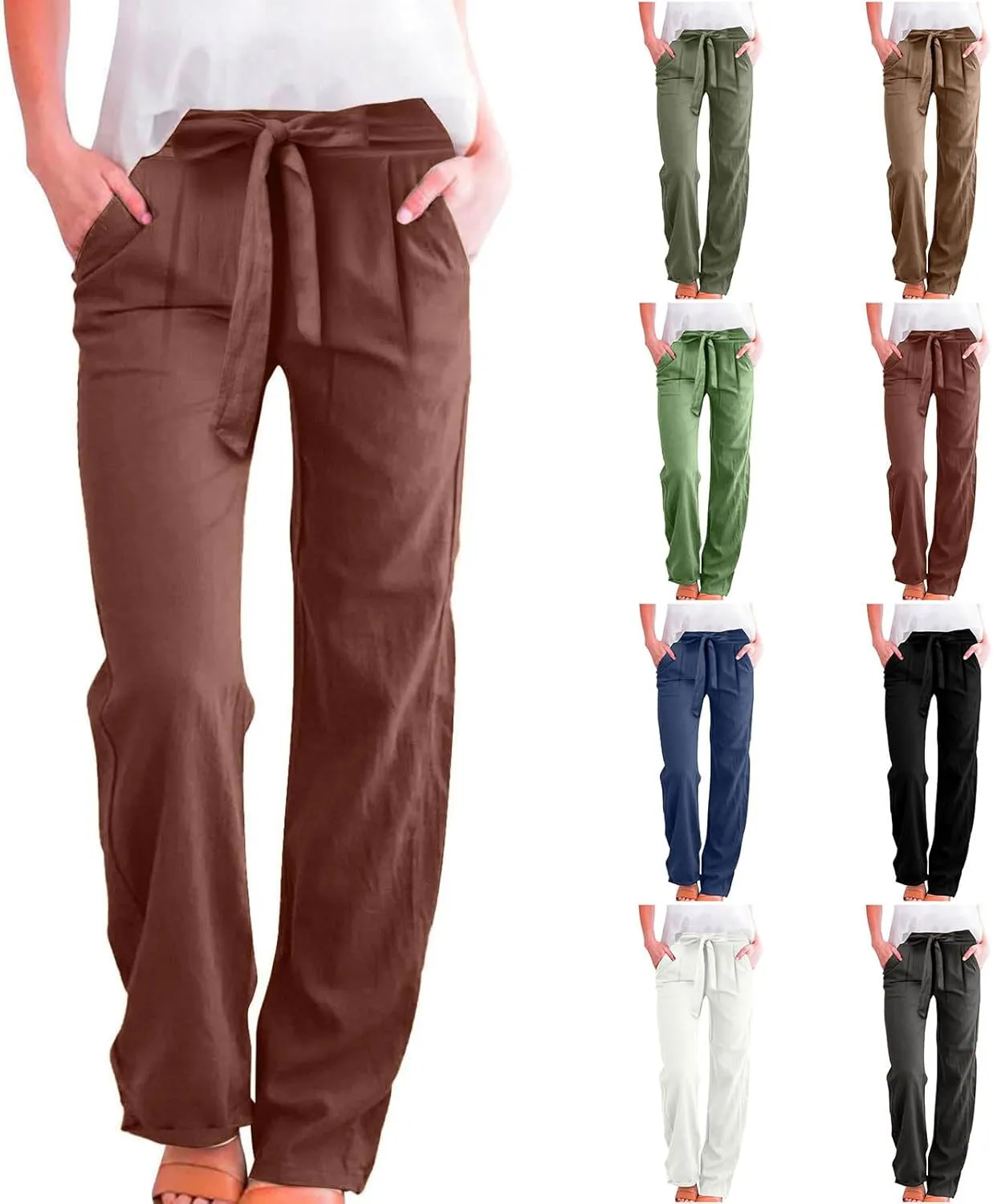 Plus Size Linen Pants for Women Straight Leg Lightweight Summer Pants Casual Loose High Waisted Lounge Pants w/Pockets