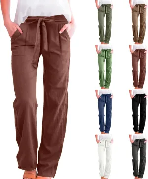 Plus Size Linen Pants for Women Straight Leg Lightweight Summer Pants Casual Loose High Waisted Lounge Pants w/Pockets