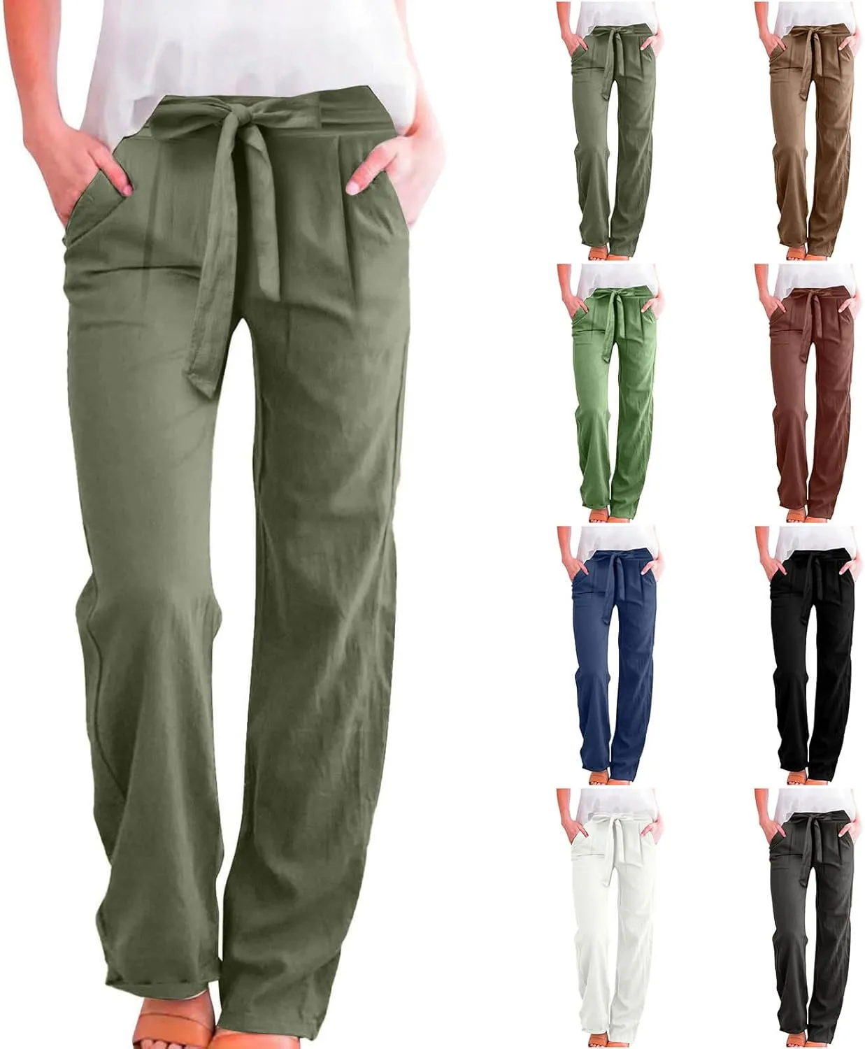 Plus Size Linen Pants for Women Straight Leg Lightweight Summer Pants Casual Loose High Waisted Lounge Pants w/Pockets