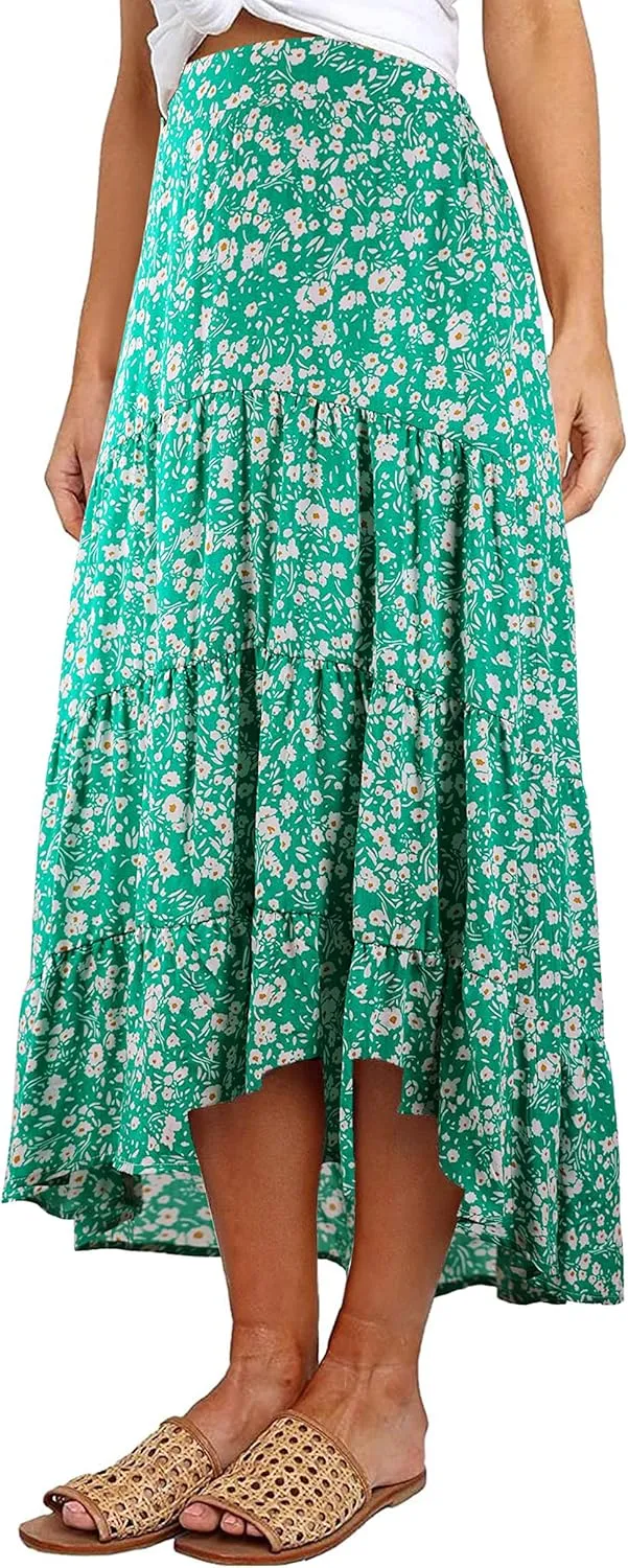PRETTYGARDEN Women's Ditzy Floral Print Midi Skirt Boho Elastic High Waist Long Skirts for Women Trendy High Low Hem