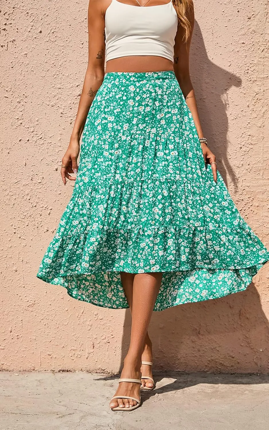 PRETTYGARDEN Women's Ditzy Floral Print Midi Skirt Boho Elastic High Waist Long Skirts for Women Trendy High Low Hem