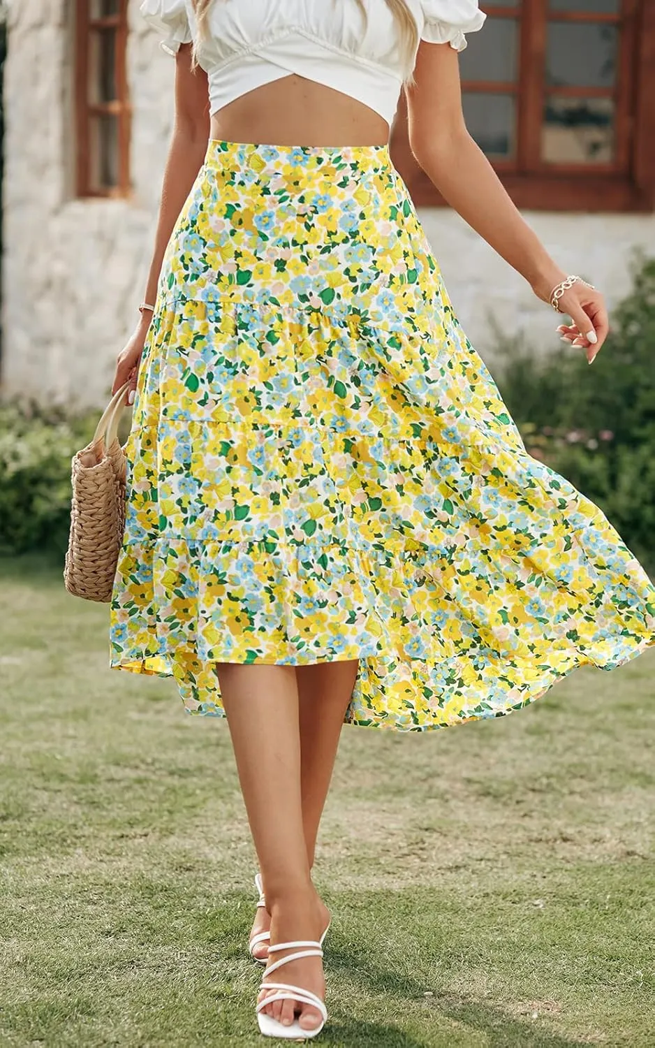 PRETTYGARDEN Women's Ditzy Floral Print Midi Skirt Boho Elastic High Waist Long Skirts for Women Trendy High Low Hem