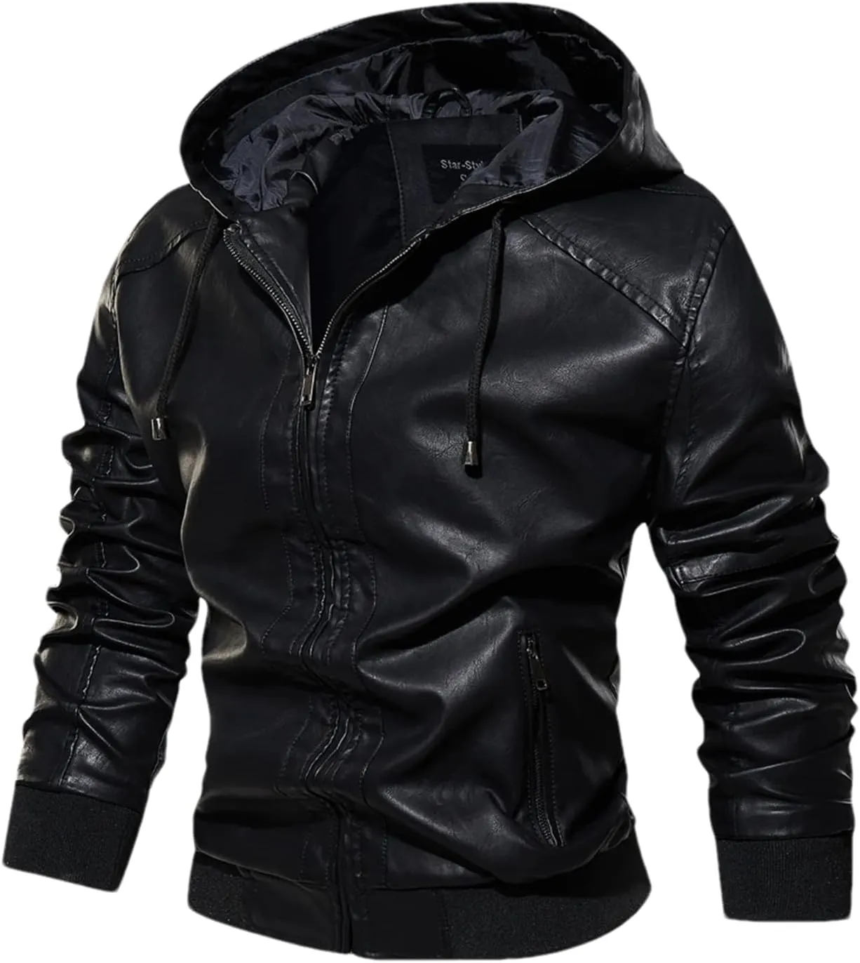 Pulcykp Men's Winter Leather Jacket Classic Thick Motorcycle Hooded Leather Jacket Coats