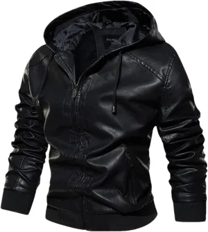 Pulcykp Men's Winter Leather Jacket Classic Thick Motorcycle Hooded Leather Jacket Coats