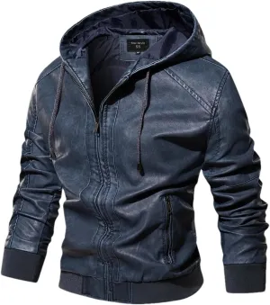 Pulcykp Men's Winter Leather Jacket Classic Thick Motorcycle Hooded Leather Jacket Coats
