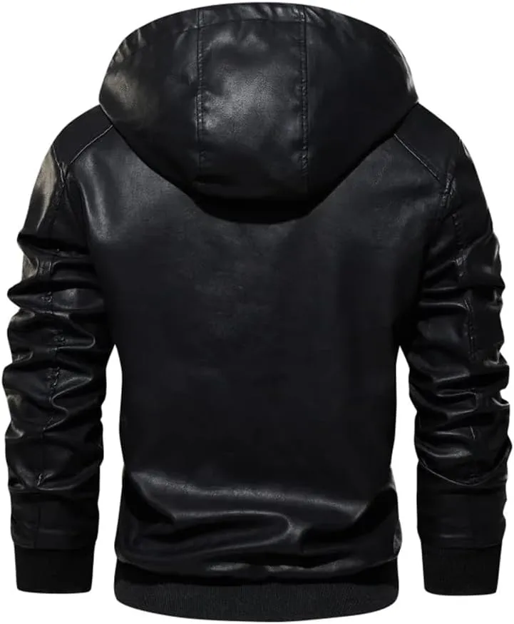 Pulcykp Men's Winter Leather Jacket Classic Thick Motorcycle Hooded Leather Jacket Coats
