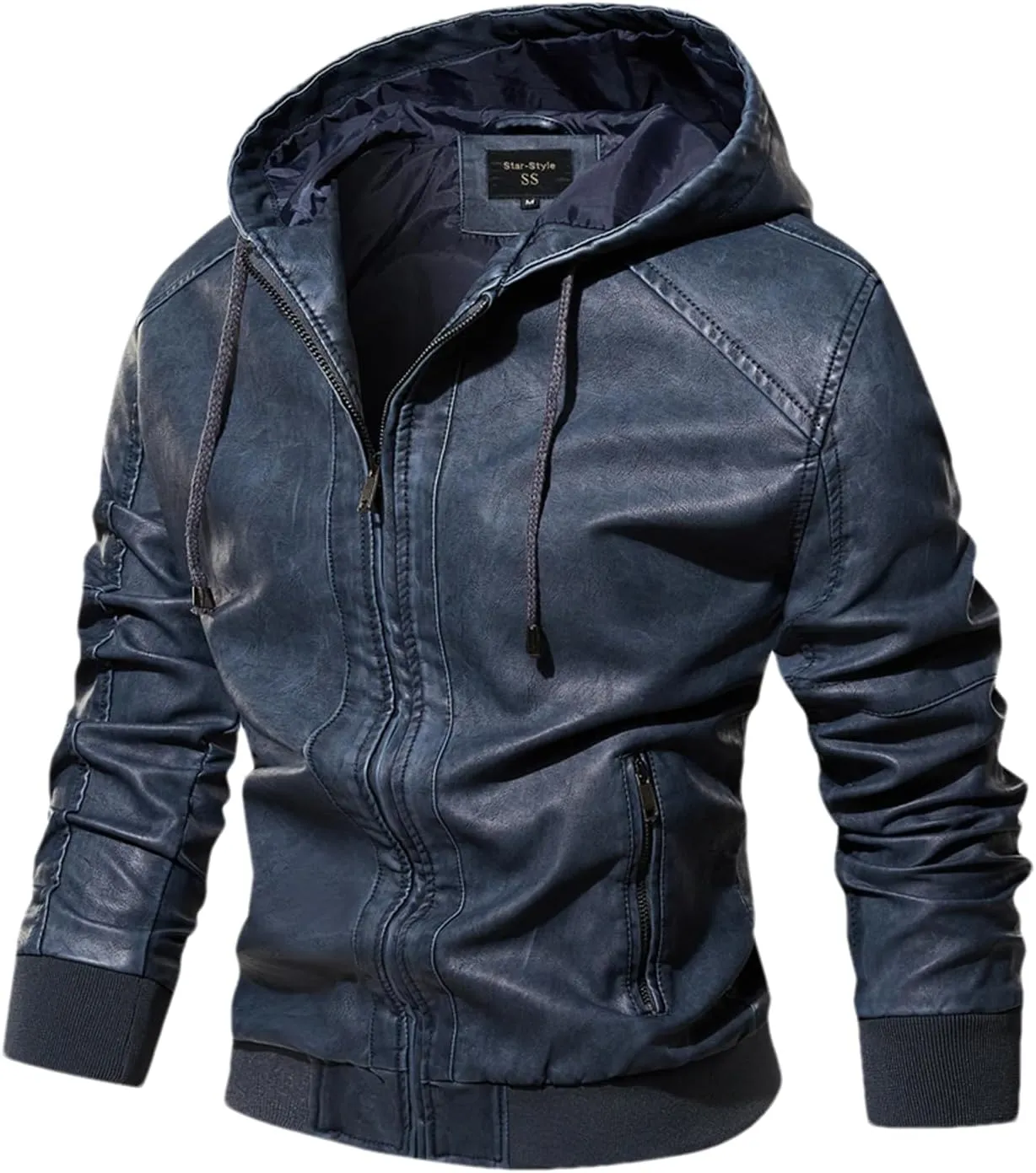 Pulcykp Men's Winter Leather Jacket Classic Thick Motorcycle Hooded Leather Jacket Coats