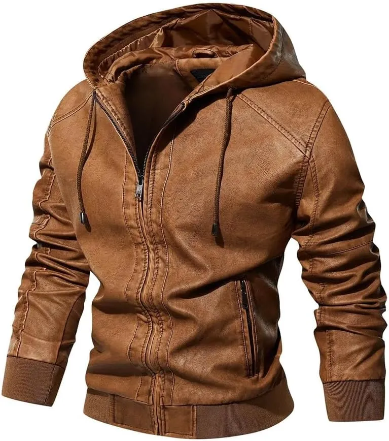Pulcykp Men's Winter Leather Jacket Classic Thick Motorcycle Hooded Leather Jacket Coats