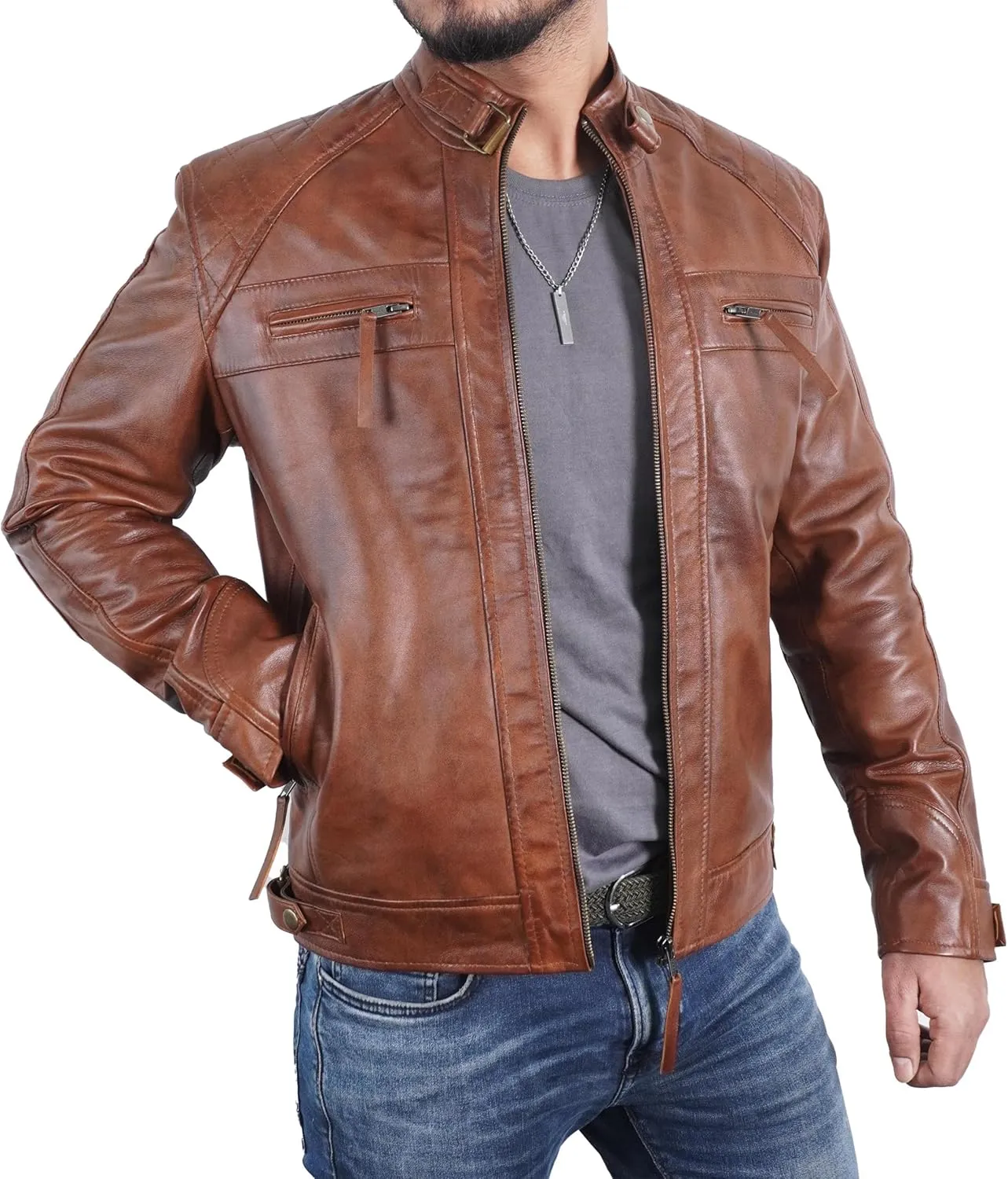 Quilted Biker Mens Leather Jacket - Real Lambskin Moto Style Cafe Racer Leather Jacket Men