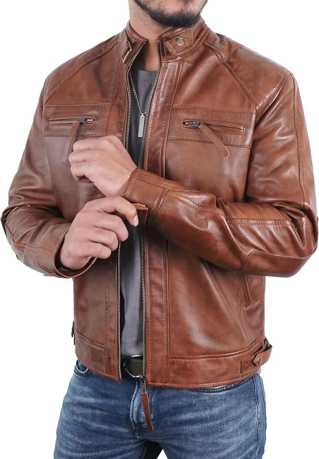 Quilted Biker Mens Leather Jacket - Real Lambskin Moto Style Cafe Racer Leather Jacket Men