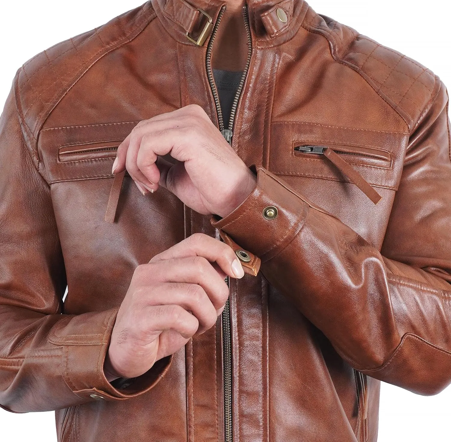 Quilted Biker Mens Leather Jacket - Real Lambskin Moto Style Cafe Racer Leather Jacket Men