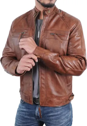 Quilted Biker Mens Leather Jacket - Real Lambskin Moto Style Cafe Racer Leather Jacket Men
