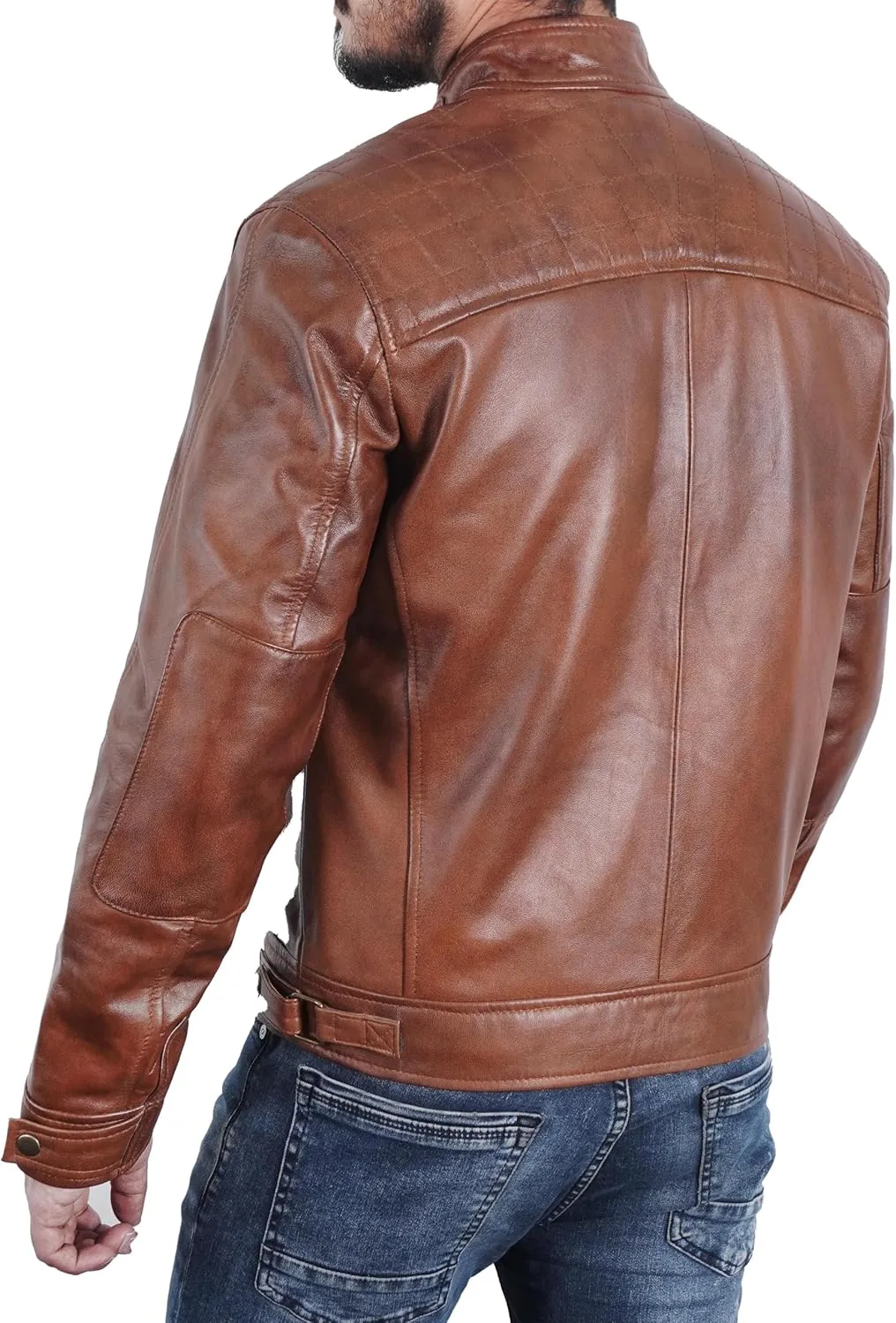 Quilted Biker Mens Leather Jacket - Real Lambskin Moto Style Cafe Racer Leather Jacket Men