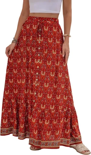 SELINK Women’s High Waist Boho Long Skirt A Line Swing Beach Button Front Slit Maxi Skirts