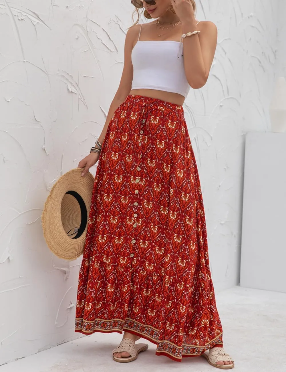 SELINK Women’s High Waist Boho Long Skirt A Line Swing Beach Button Front Slit Maxi Skirts