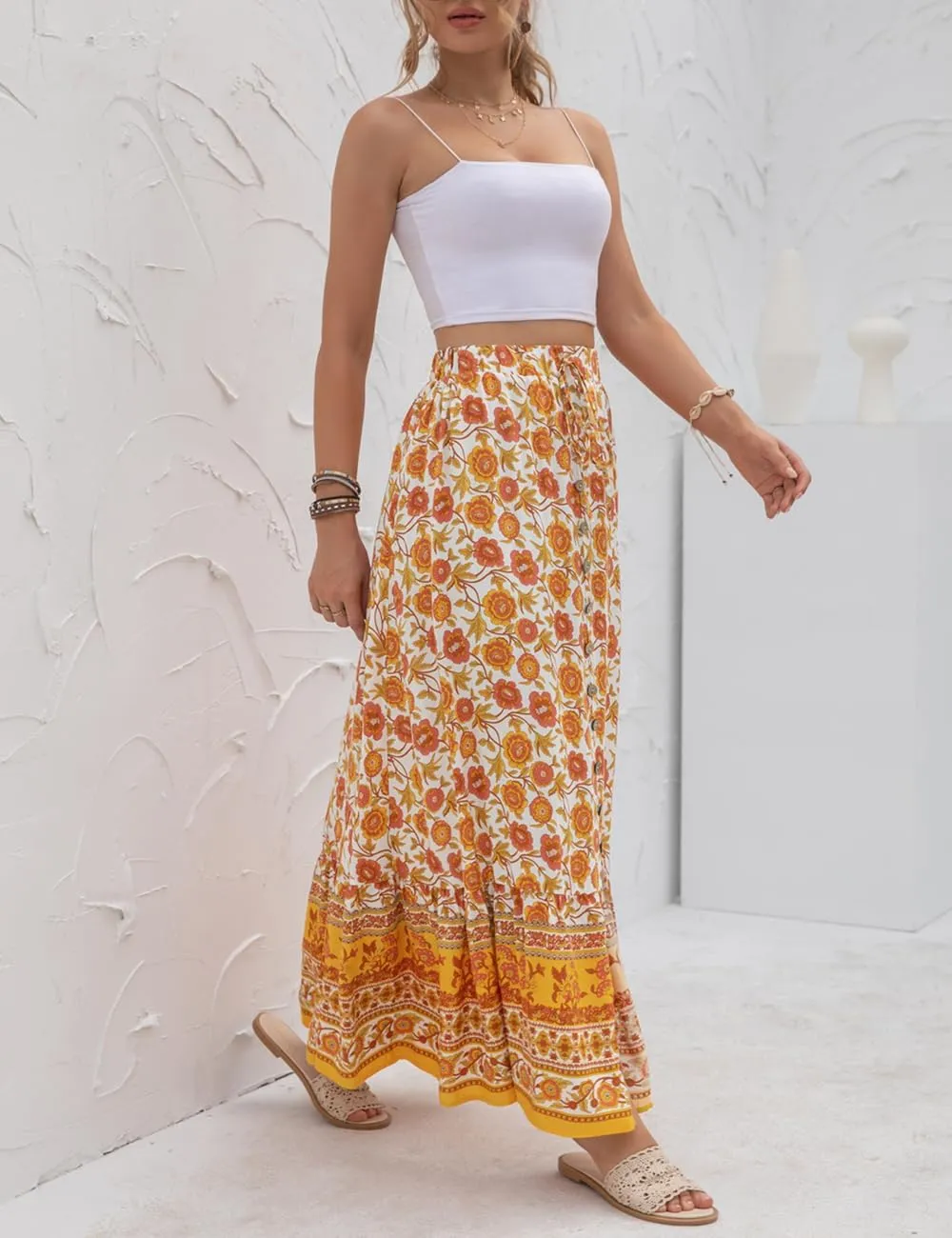 SELINK Women’s High Waist Boho Long Skirt A Line Swing Beach Button Front Slit Maxi Skirts