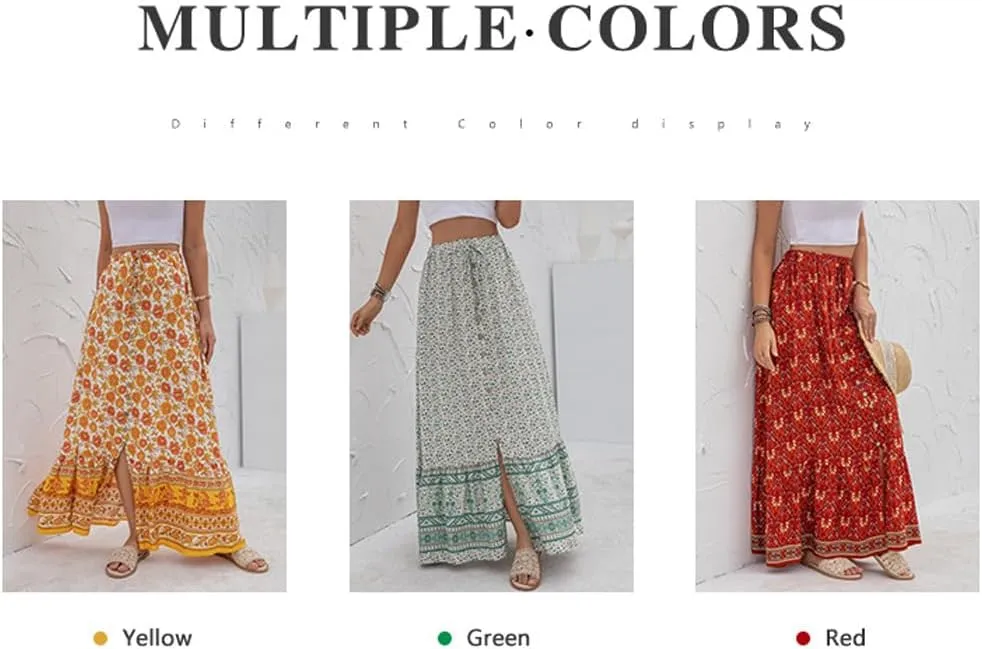 SELINK Women’s High Waist Boho Long Skirt A Line Swing Beach Button Front Slit Maxi Skirts