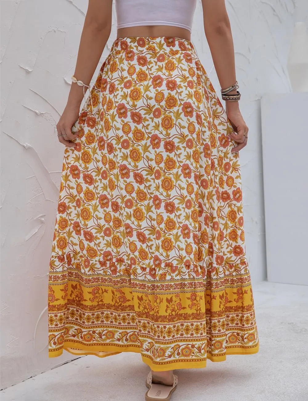 SELINK Women’s High Waist Boho Long Skirt A Line Swing Beach Button Front Slit Maxi Skirts