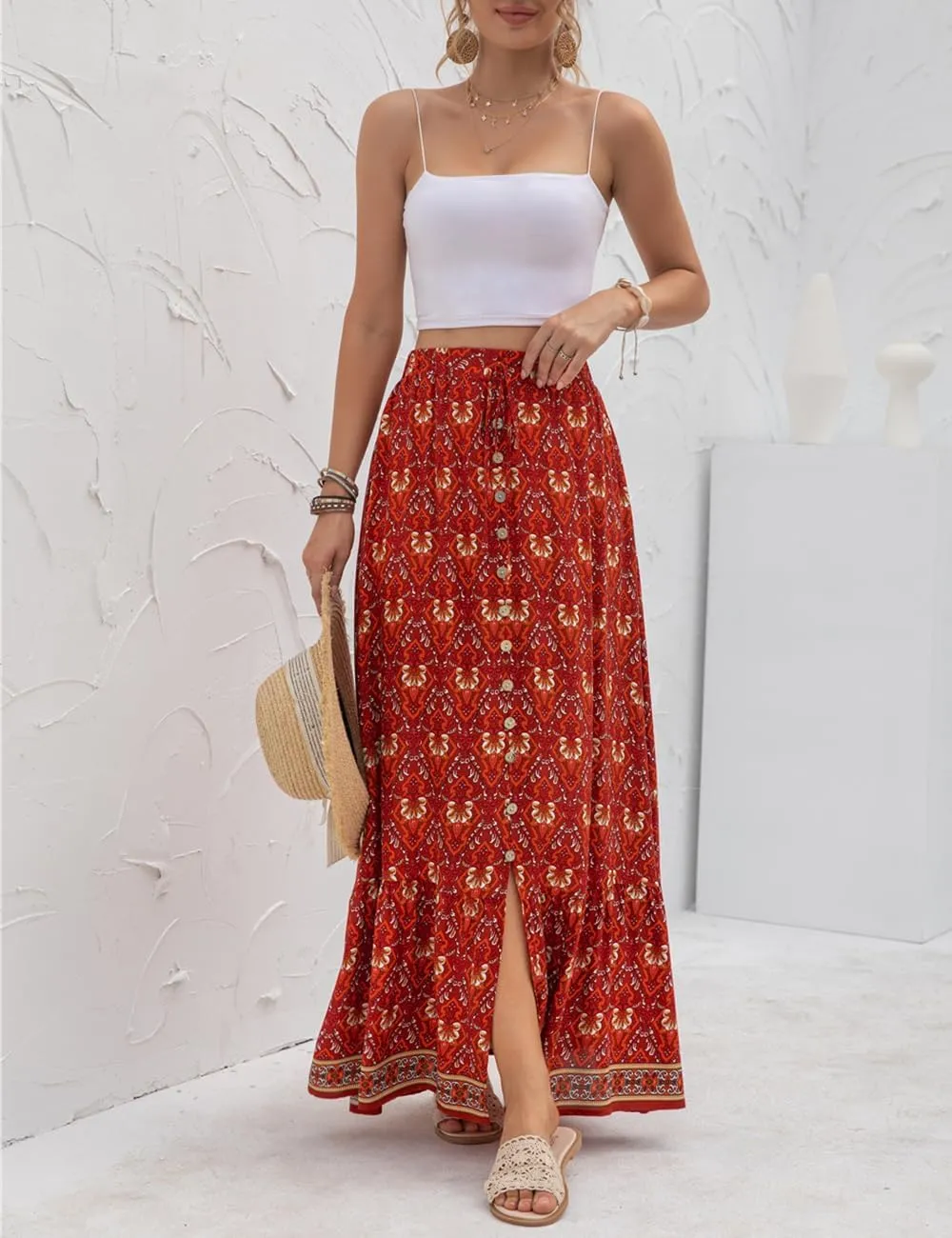 SELINK Women’s High Waist Boho Long Skirt A Line Swing Beach Button Front Slit Maxi Skirts