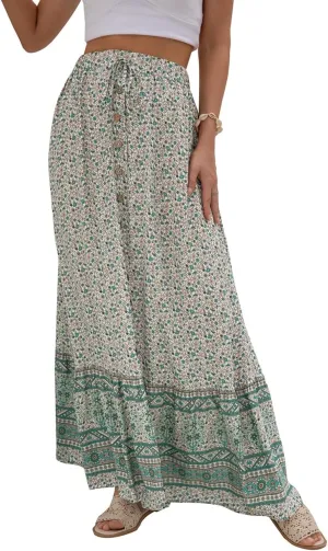 SELINK Women’s High Waist Boho Long Skirt A Line Swing Beach Button Front Slit Maxi Skirts