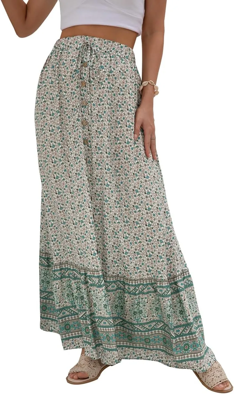 SELINK Women’s High Waist Boho Long Skirt A Line Swing Beach Button Front Slit Maxi Skirts