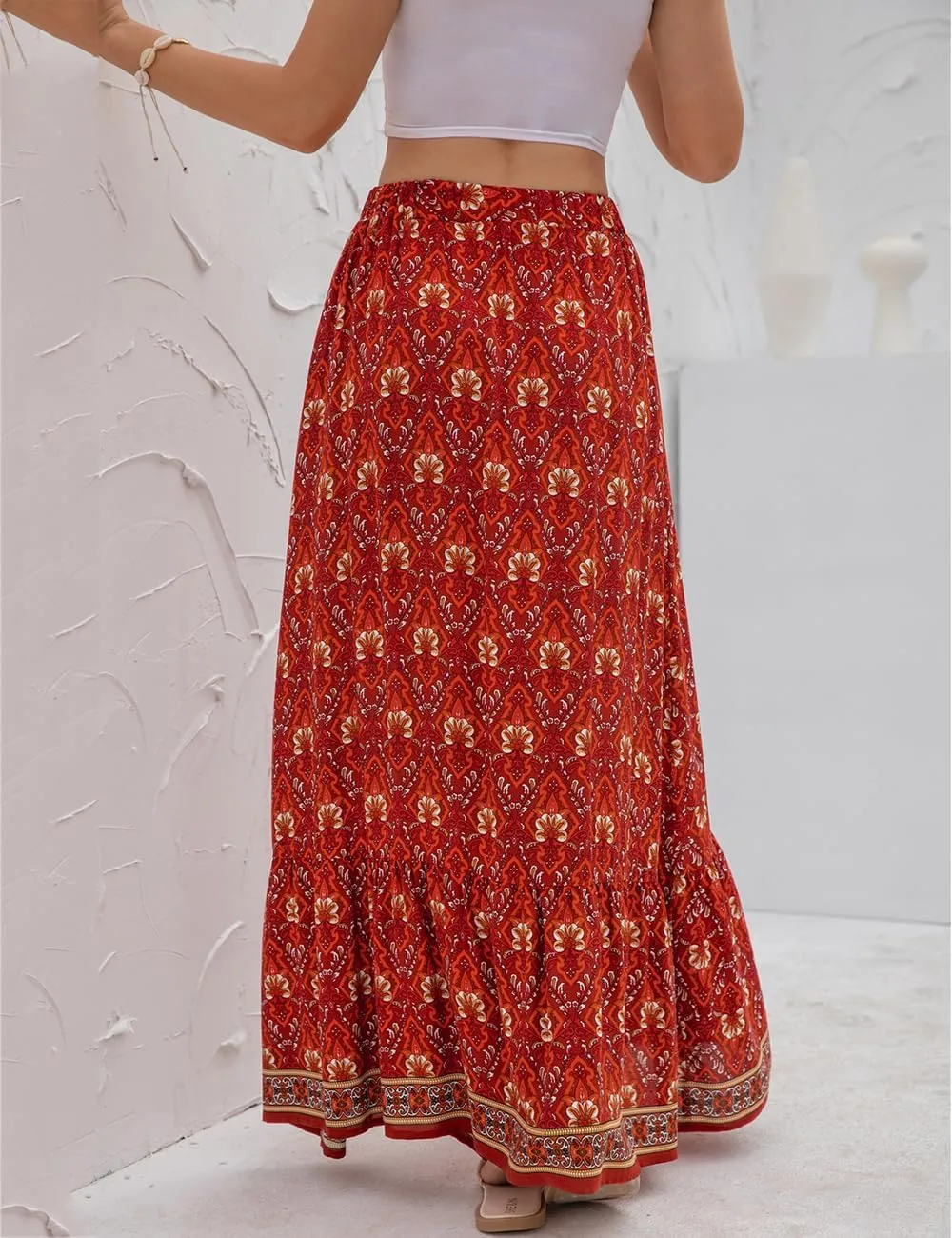 SELINK Women’s High Waist Boho Long Skirt A Line Swing Beach Button Front Slit Maxi Skirts