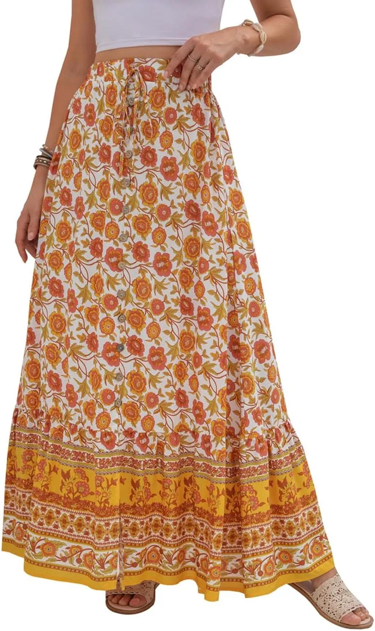 SELINK Women’s High Waist Boho Long Skirt A Line Swing Beach Button Front Slit Maxi Skirts