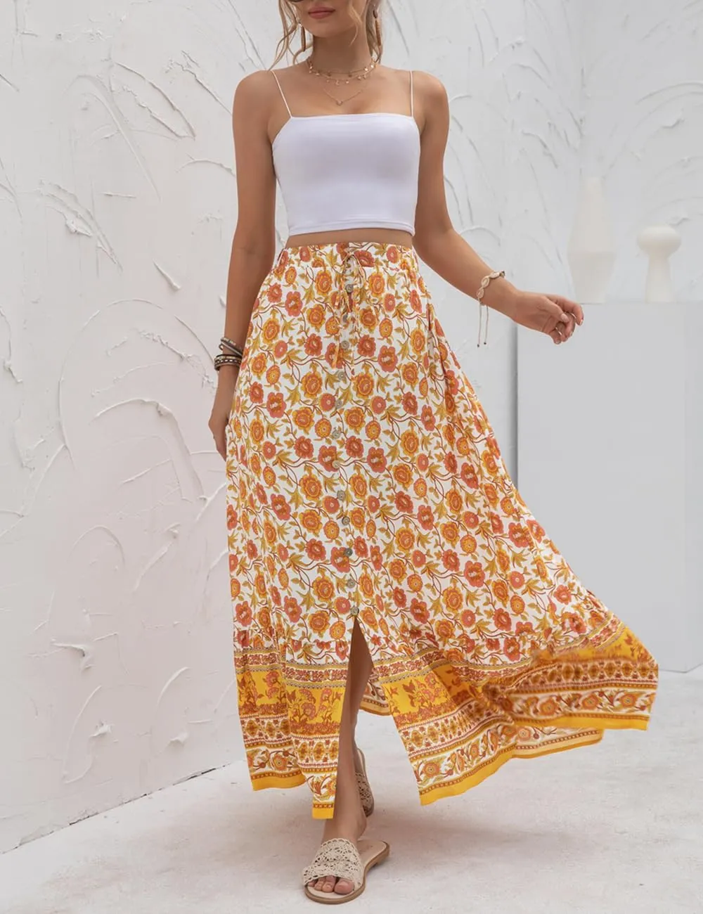 SELINK Women’s High Waist Boho Long Skirt A Line Swing Beach Button Front Slit Maxi Skirts