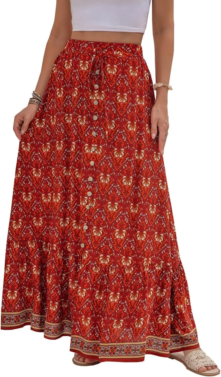 SELINK Women’s High Waist Boho Long Skirt A Line Swing Beach Button Front Slit Maxi Skirts
