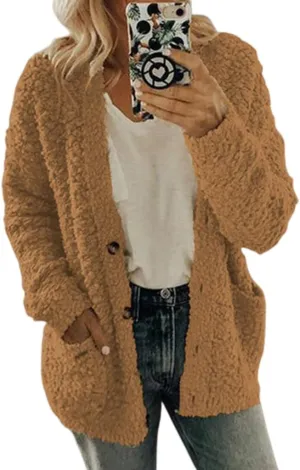 Sherpa Jacket Women Fuzzy Fleece Oversized Open Front Cardigan Long Sleeve Button Coat Casual Fall Winter Outerwear