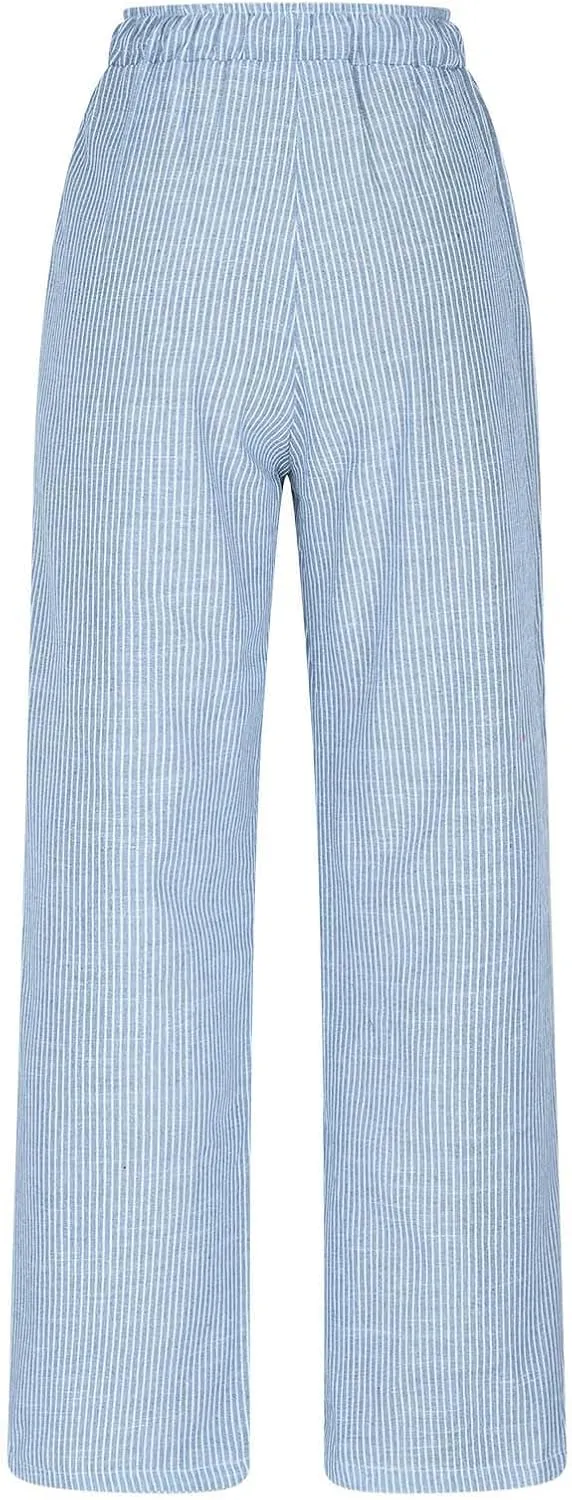 SHOPESSA Wide Leg Linen Pants for Women Soft Casual Drawstring Tie Elastic Waist Loose Pants Summer Beach Pockets Trousers