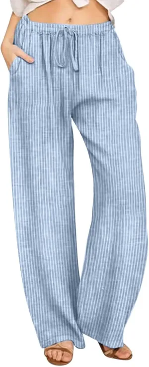 SHOPESSA Wide Leg Linen Pants for Women Soft Casual Drawstring Tie Elastic Waist Loose Pants Summer Beach Pockets Trousers